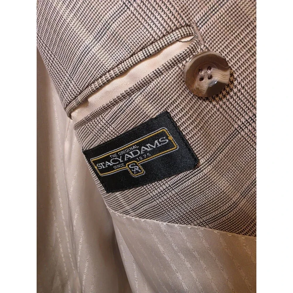 Stacy Adams Double Breasted Sport Coat Mens 44R Tan Plaid Peak Lapel Blazer